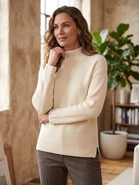 Alfani Cream Rhinestone Mock Neck Ribbed Knit Sweater XL Embellished Cuffs